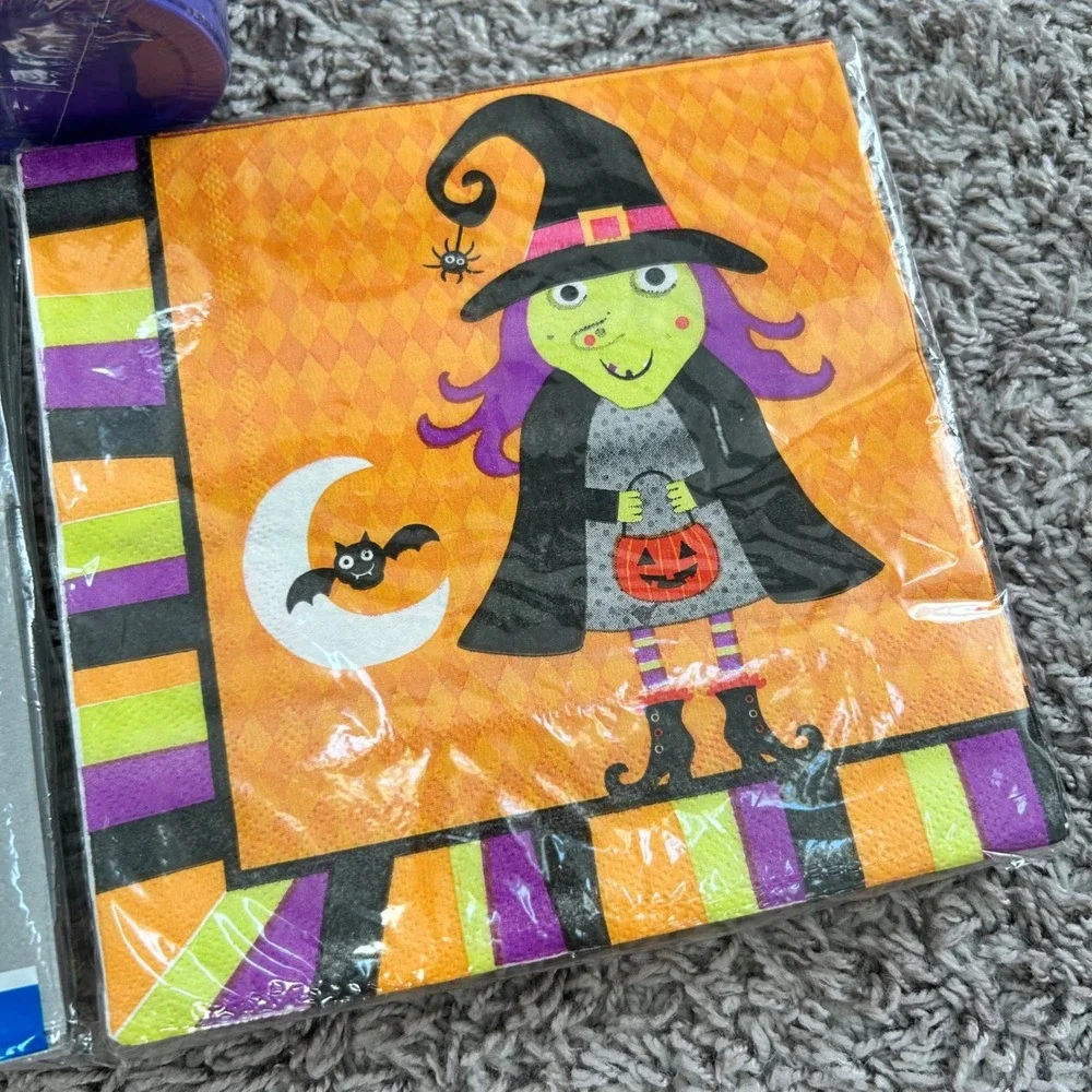 Halloween‎ Party Supplies Bundle Purple Cups Witch Bats & Silver Napkins 64pc